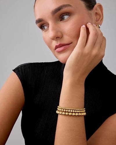 PAVOI 14K Gold Plated Beaded Bracelet Pack for Women | Stainless Steel 3-Piece Stretchy Bracelet Set | Waterproof Ball Trio thumbnail 3