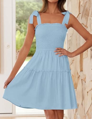 ZESICA Womens Summer Spaghetti Strap Sleeveless Mini Dress | Square Neck, Ruffle Hem, A-Line, Flowy Swing Dress, Sun Dress, Wedding Guest Short Dress thumbnail 4