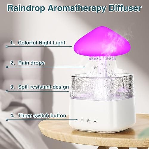 Cloud Humidifiers Rain Water Drip 450ML Mushroom Humidifiers with Remote Control 7 Colors Mood Light Air Humidifier Raindrop Humidifiers for Bedroom thumbnail 3