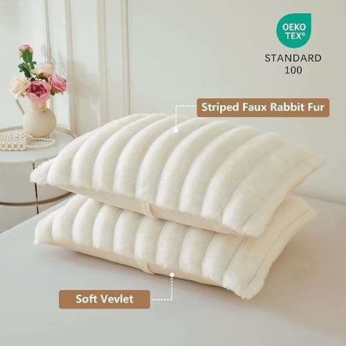 MEGO Pack of 2 Fluffy Faux Rabbit Fur Pillowcases, Ivory Striped Plush Fuzzy Bed Pillow Cases with Zipper, Farmhouse Shaggy Furry Ribbed Long Pillow Covers for Kids Teens Adults 20x26, Standard, Beige thumbnail 3