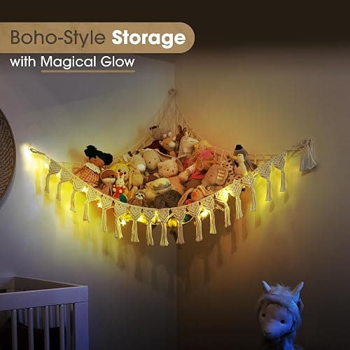 Abby Baby Extra Large Stuffed Animal Hammock with LED Lights 100% Natural Cotton Macrame Toy Storage Net for Plushies & Squishmallows Boho Macrame Corner Organizer for Kids’ Room or Nursery (Beige) thumbnail 6