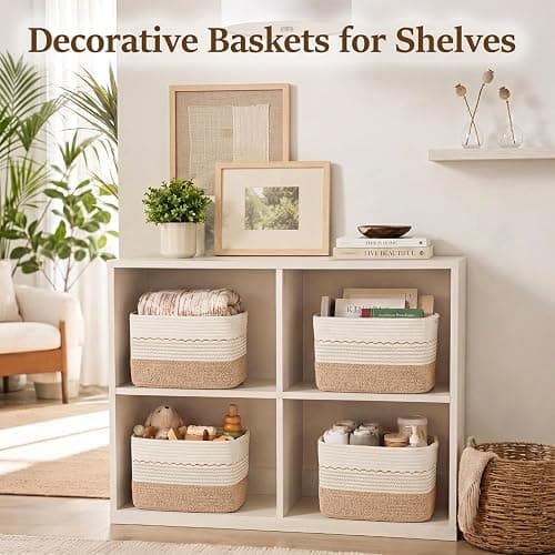 OIASKET 4 Pack Storage Baskets for Organizing, 13"X9"X7.87", Decorative Cotton Rope Baskets for Shelves, Small Woven Basket for Toys, Books and Towels, Brown & White thumbnail 3