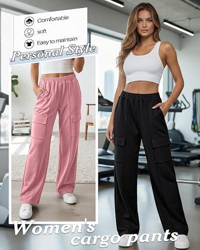 Neer 3 Pack Womens Pants with Cargo Pockets Casual High Waisted Baggy Wide Straight Leg Sweatpants Lounge Joggers Trousers thumbnail 2