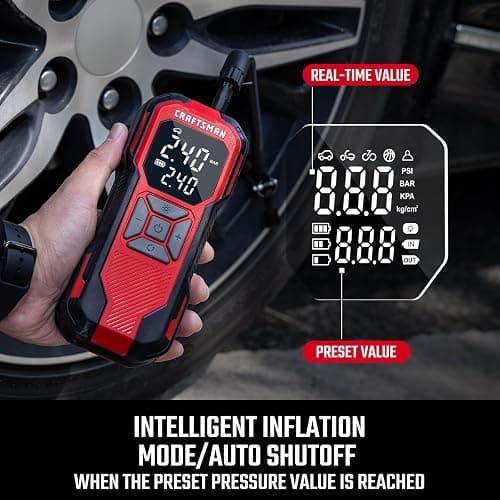 CRAFTSMAN Tire Inflator Portable Air Compressor, Cordless Mini Air Pump for Car Tires with Digital Tire Pressure Gauge, 6000mAh Battery Powered Air Pump, Max Pressure 150 PSI, 12V DC Corded thumbnail 6