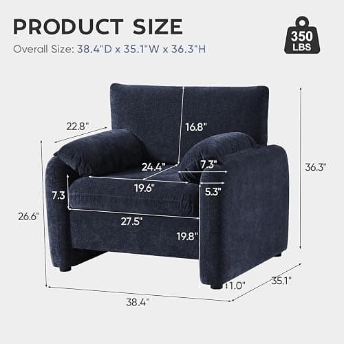 HUSFU Chenille Oversized Armchair, 38.4" Wide Accent Chairs for Living Room & Bedroom, Upholstered Mid-Century Reading Chair, Comfy Living Room Chair, Single Sofa Chair Set of 2, Blue - 2 - Blue thumbnail 2