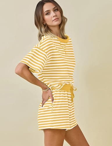 MISSACTIVER Womens Lounge 2 Piece Sets Summer Striped Matching Pajamas Set Short Sleeve Oversized T Shirts Drawstring Shorts thumbnail 2