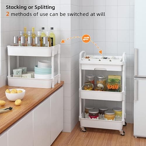 Calmootey 3-Tier Rolling Utility Cart with Drawer,Multifunctional Storage Organizer with Plastic Shelf & Metal Wheels,Storage Cart for Kitchen,Bathroom,Living Room,Office,White thumbnail 7
