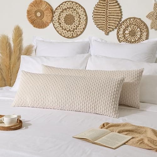 Kevin Textile 14x36 Inch Long Lumbar 1 Pack Boho Decorative Throw Pillow Cover Soft Striped Corduroy Rectangle Cushion Case Farmhouse Solid Color Accent for Living Room Couch Sofa Bed, Cream White thumbnail 2