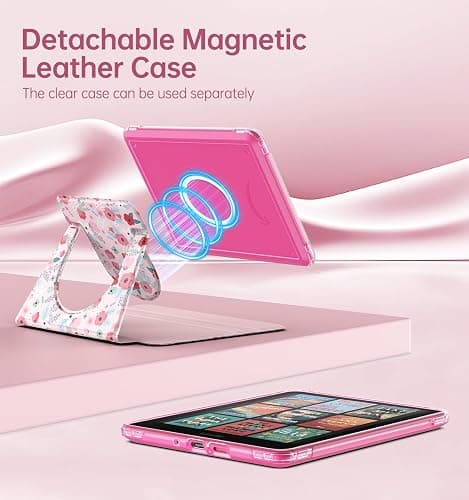 MoKo 360° Rotating Case for 7" Kindle Paperwhite 12th Generation 2024 & Kindle Colorsoft 2024/2025, Clear Back Detachable Magnetic Protective Adjustable Stand Cover with Auto Wake/Sleep, Spring Pink thumbnail 3