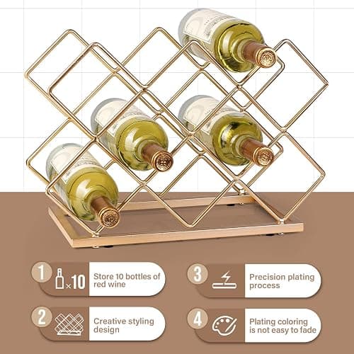 Drincarier Countertop Wine Rack - 10 Bottle Freestanding Modern Gold Metal Small Wine Rack - Tabletop Wine Holder Stand for Cabinet, Pantry, Wine Bottle Storage… thumbnail 5