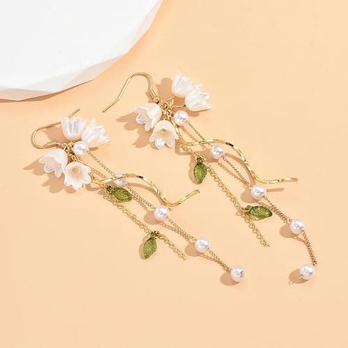 Aishgjia Dangle Flower Leaf Earring White Fairy Flower Summer Dangling Long Tassel Earrings Lily Of The Valley Earrings Jewelry thumbnail 6