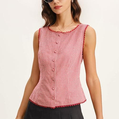 Ainangua Women Plaid Button Tank Top Summer Y2K Lace Trim Sleeveless Checkered Vest Casual Elegant Suit Blazer Wasitcoat thumbnail 3