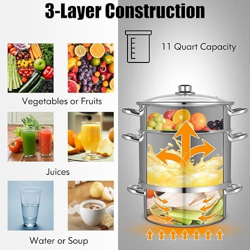 Giantex 11 Quart Juice Steamer Fruit Vegetables Juicer Steamers w/Tempered Glass Lid, Hose, Clamp, Loop Handles Stainless Steel Steam Juicer Multipots Kitchen Cookware for Making Juice, Jelly, Pasta thumbnail 5