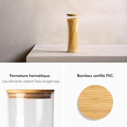 KIVY Set Bocaux en Verre Hermétique [2 x 1800 ml] - Bocaux verre avec Couvercles en Bambou Durable - Bocal en verre avec Couvercle - Bocal a spaghetti - Bocaux conservation verre - Bocal verre thumbnail 2