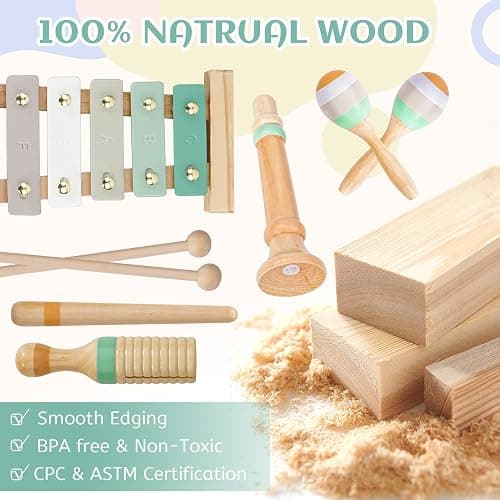 Raimy Musical Instruments Set - Neutral Colors Wooden Montessori Toys Percussion Music Modern Boho Xylophone Birthday Gifts for 1 2 3 Year Old Kids Baby Toddlers Boys Girls 3+ with Storage Bag thumbnail 4