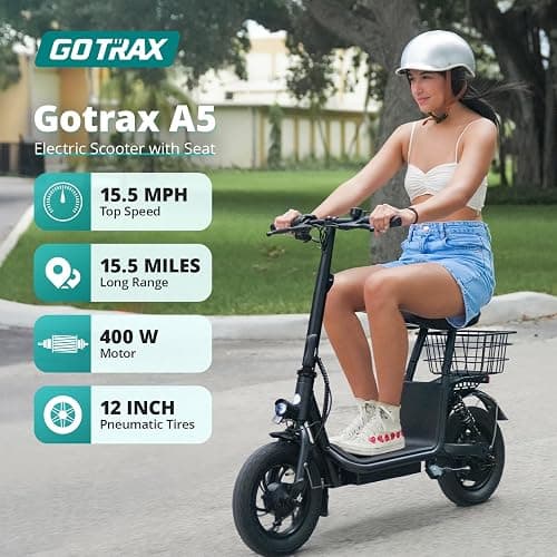 Gotrax A5 Electric Scooter w/Seat for Adults, 12" Pneumatic Tire, Max 15.5 Miles&15.5 Mph Power by 400W Motor, Dual Rear Shock Absorber&Dual Brake, Comfortable Wider Seat&Carry Basket&Hook, White thumbnail 2