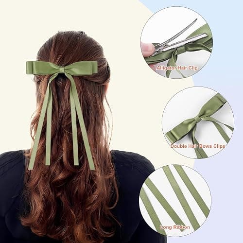 WORTL 10 PCS Satin Hair Accessories: Double Hair Ribbon Ponytail Holders, Metal Hair Clips and Bows for Women and Girls in Black and White thumbnail 3