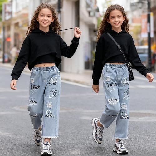 Voxikidio Size 5-10 Years Girls 3PCS Fashion Outfits Set - Cropped Hoodie + Cami Top + Printed Jeans 3-Piece Set thumbnail 6