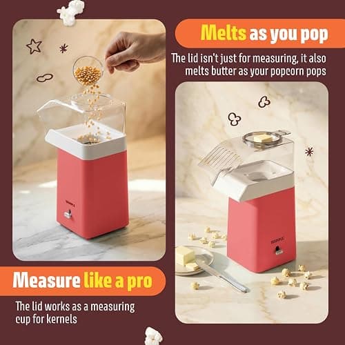 Wumple Hot Air Popcorn Machine - 14-Cup Electric Popcorn Popper, Oil-Free, 1200W - Includes Measuring Cup - Home Popcorn Maker for Movie Nights - Red thumbnail 5