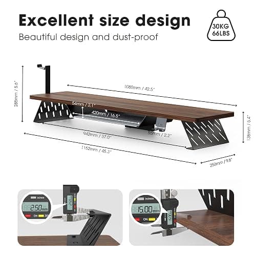Fenge Dual Monitor Stand, Wooden Desk Shelf with Headphone & Phone Holder | 42.5" Monitor Riser with Storage Shelf, 2-Tier Monitor Shelf with Metal Leg for Home Office Organizer, Brown thumbnail 3