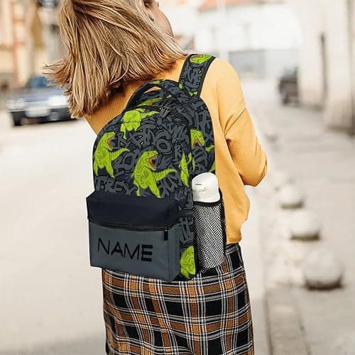 Aicihert Custom Green Dinosaur Roar Backpack Personalized Name Text Backpack Daypacks Customized BookBags School Bag for Student Boys Girls thumbnail 2