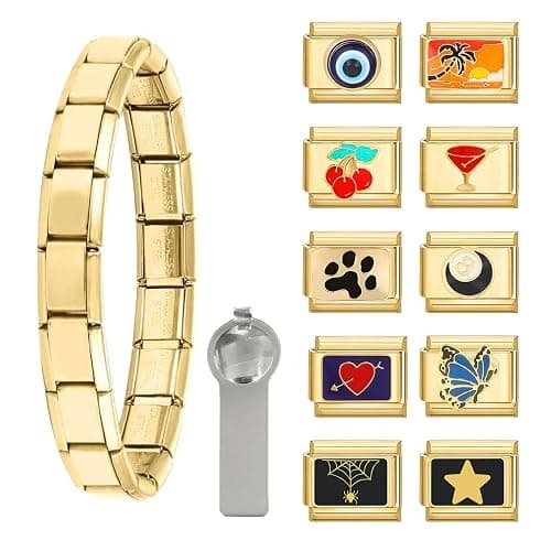 papasgix Italian Charm Bracelet Gold Set with Starter Brascelet, Assorted Charms and Opening Tools, 9mm Modular Italian Charm Bracelet Links Handmade DIY Jewelry - Image 1