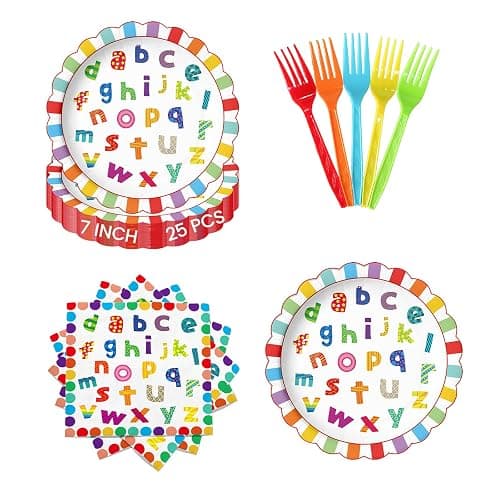 75PCS ABC 123 Party Supplies for 25 Guests – 25 7 Inch Alphabet Paper Plates, 25 Napkins, 25 Colorful Plastic Forks, Back to School Classroom Welcome Decorations, First Day of School Celebration - Image 1