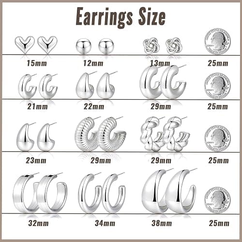12 Pairs Chunky Silver Hoop Earrings for Women Trendy, Silver Plated Lightweight Thick Open Twisted Stack, Non Tarnish Huggie Hoops Earring Set thumbnail 6
