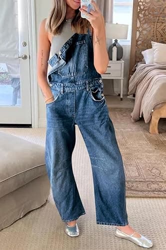 PLNOTME Womens Denim Bib Overalls Barrel Leg Adjustable Strap Jean Pants Jumpsuits with Pockets thumbnail 6