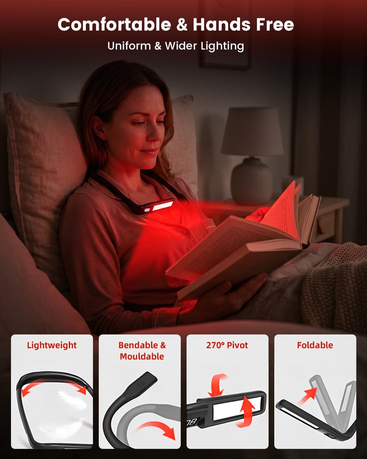 630nm Red Neck Reading Light - Zero Blue Light, Rechargeable Dimmable Portable LED Red Neck Book Lamp for Reading, Crafts, Knitting, Crochet at Night, Ideal Gift for Readers and Craft Lovers thumbnail 7
