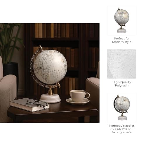 Decorative Globe with Marble Base for Home or Office Decor - Ornament for Desk, Hallway, or Coffee Table - Modern Desktop Globe for Living Room Decor or Shelf Display - 10", White & Gold thumbnail 5