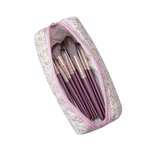 HHQQWZ Cute Floral Cotton Makeup Brush Cosmetic Bag for Women, Travel Quilted Zipper Make Up Bag, Flowers Toiletry Organizer Case Kawaii Makeup Cosmetic Travel Cloth Pouch (Pink+Red Floral) thumbnail 3