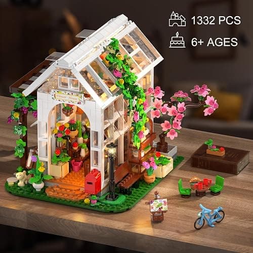 HOGOKIDS Flower House Building Set with LED Light - 1332 PCS Garden House Buiding Toy with Flowers Potted Plants Parrot Cat Animals Playset Greenhouse Model Xmas Gift for Adults Teens Girls Ages 8+ thumbnail 7