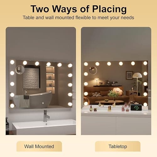 Hasipu Hollywood Vanity Mirror with Lights, 29" x 20" Makeup Mirror with 14 Dimmable LED Bulbs 3 Color Modes & Detachable, 5X Magnifying Glass, Touch Control, USB and Type-C, Tempered Glass thumbnail 7