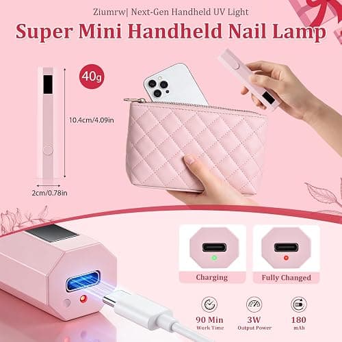 Ziumrw Handheld UV Nail Light for Gel Nails, Flash Cure Nail Lamp with LED Display, Mini Led Nail Lamp Pen Settings 20/60s Timer, Hand Held Nail Light for Glue Polish Home Salon DlY, Pink thumbnail 5