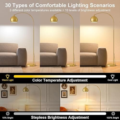 yuhaptomer Gold Brushed Brass Arc Floor Lamps with 12W LED Remote Dimming | Adjustable Height Span, Color Temperature, Brightness, Unique Large Antique Curved Floor Lamp for Living Room Bedroom Office thumbnail 6