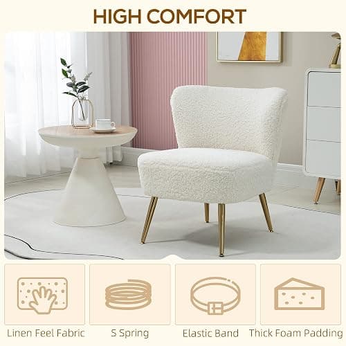 HOMCOM Armless Accent Chair for Bedroom, Upholstered Side Chairs for Living Room with Gold Steel Legs, Slipper Chair, White - White thumbnail 4