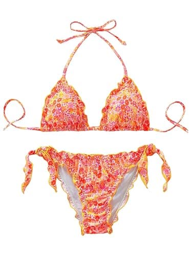 BEAUDRM Women's 2 Piece String Bikini Sets Floral Print Ruffled Halter Tie Backless Thong Swimsuits Bathing Suit - Image 1