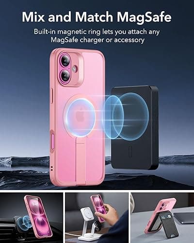 ESR for iPhone 16 Case with Kickstand, Compatible with MagSafe, Magnetic Military-Grade Shockproof Fully Adjustable Flickstand Phone Case, Boost Series, Frosted Pink thumbnail 6