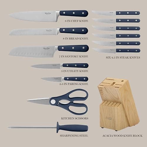 MARTHA STEWART Eastwalk 14 Piece High Carbon Staineless Steel Cutlery Set w/ABS Triple Riveted Forged Handle Acacia Wood Block - Navy Blue thumbnail 4