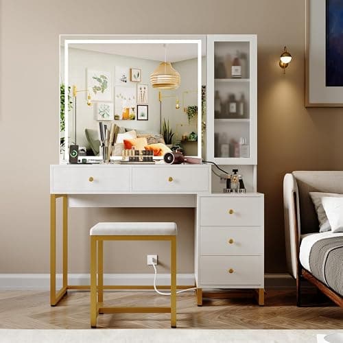 Wildhome Vanity Set with Lighted Mirror and Charging Station, Extra Large Mirror Makeup Vanity Table with Cushioned Stool,5 Drawers, Modern Vanity Table with Nightstand thumbnail 3