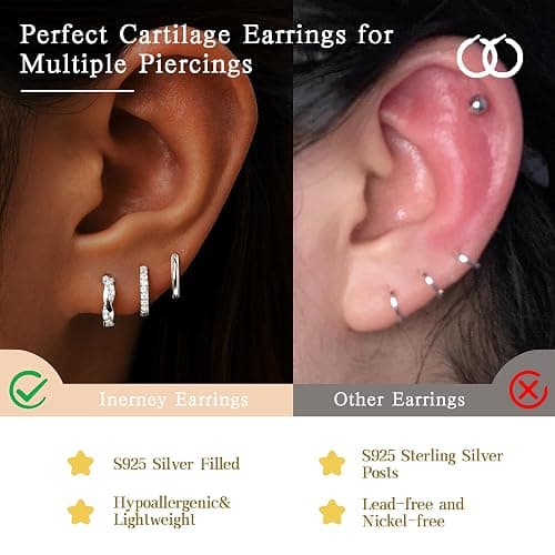 Inerney Gold Huggie Hoop Earrings Set for Women, Dainty Small Sterling Silver Earring Stacks Hypoallergenic Jewelry for Multiple Piercings, Trendy Twisted Cute Cartilage Hoops Birthstone Gift 3 Pairs thumbnail 4