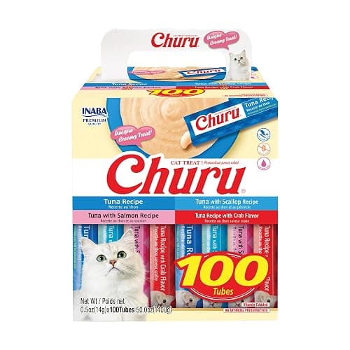INABA Churu Cat Treats, Lickable, Squeezable Creamy Purée with Vitamin E, 0.5 Ounces per Tube, 100 Tubes Total, Tuna Variety - Image 1