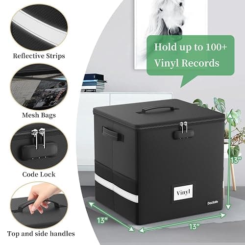 DocSafe Vinyl Record Storage Box with Lock,Fireproof＆Water Resistant Record Organizer Storage for 100+ Single Records(12-inch),Collapsible Storage Crate with Lid&Handles for Valuable Album Collection thumbnail 2