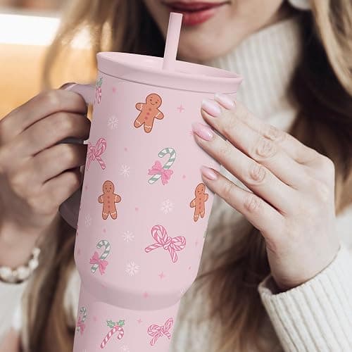Christmas Theme 40oz Slider Tumbler with Handle and Straw - Insulated Stainless Steel Travel Coffee Mug for Women Girls, Gift for Birthday Xmas thumbnail 2