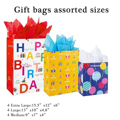 Birthday Gift Bag with Handle and Tissue Paper, 12 Pcs Gift Bags Assorted Sizes and Designs, Large, Medium, Small Size Birthday Gift Bag for Boys, Girls, 13”, 9” ) thumbnail 3