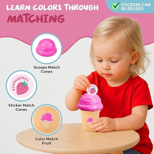 JoyCat Ice Cream Toy Set for Toddlers 1-5,Color Sorting & Stacking Toys | Match colors, stack scoops and serve pretend ice cream; included 7 cones and scoops support counting and little-hand play thumbnail 3