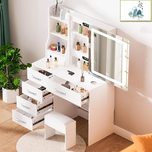 Caulitar Premium Vanity Desk with Mirror and LED Lights, 55.1" H White Makeup Vanity with 6 Drawers 6 Shelves & 1 Chair,Vanity with Led Lights 3 Modes Adjustable and Slide Mirror for Girls and Adults thumbnail 7