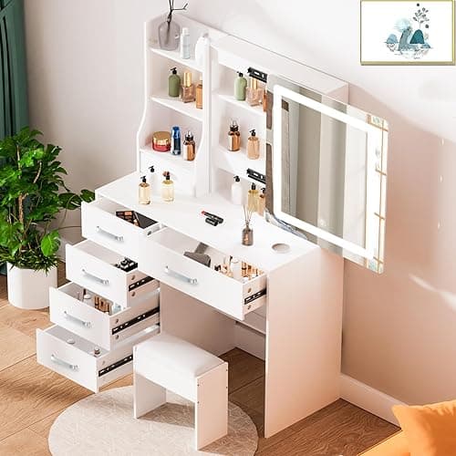 Caulitar Premium Vanity Desk with Mirror and LED Lights, 55.1" H White Makeup Vanity with 6 Drawers 6 Shelves & 1 Chair,Vanity with Led Lights 3 Modes Adjustable and Slide Mirror for Girls and Adults - D1907L thumbnail 7