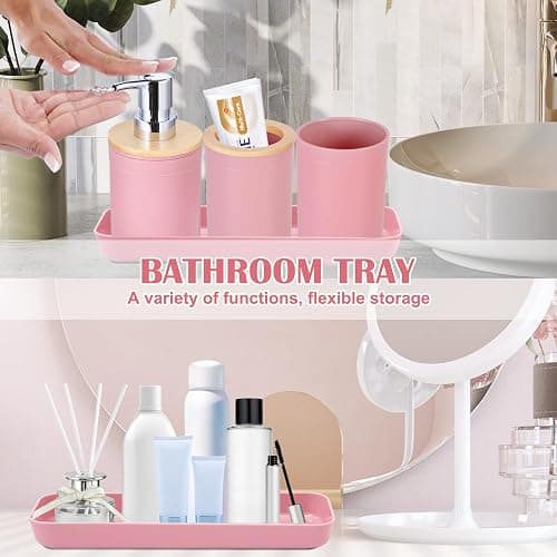  9Pcs Pink Bathroom Accessories Set - with Trash Can,Toilet Brush,Toothbrush Holder, Lotion Soap Dispenser, Soap Dish,Toothbrush Cup,Qtip Holder,Tray - Pink1 - Bath Set thumbnail 4
